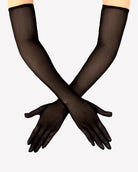 Black sheer tulle mesh elbow-length opera gloves with long finger tips and bands.