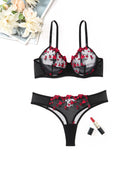 Embroidered lingerie set with underwire mesh bra and thong, red floral mesh, adjustable straps