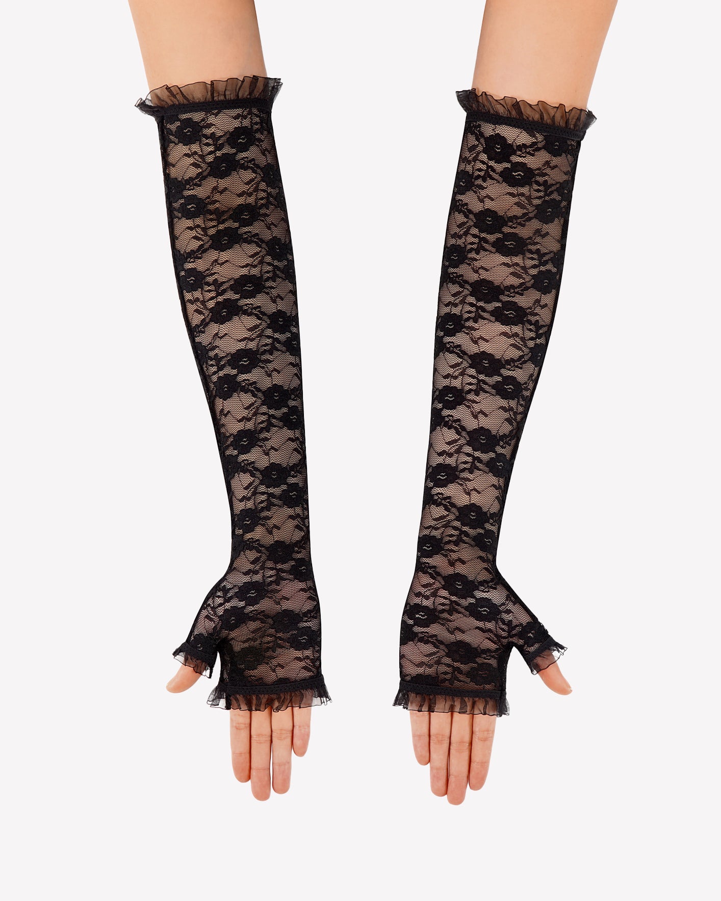 Pair of long black lace fingerless gloves with frilled cuffs, full forearm coverage