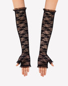 Pair of long black lace fingerless gloves with frilled cuffs, full forearm coverage