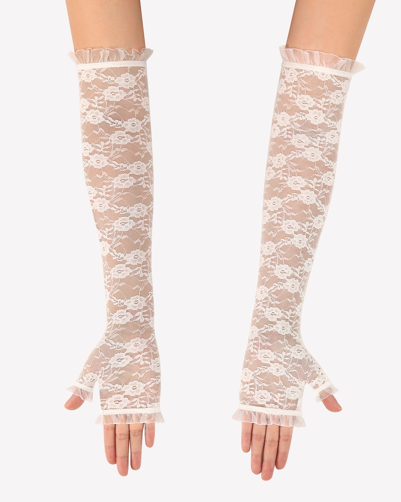 Long white lace fingerless opera gloves with frilled cuffs, forearm length