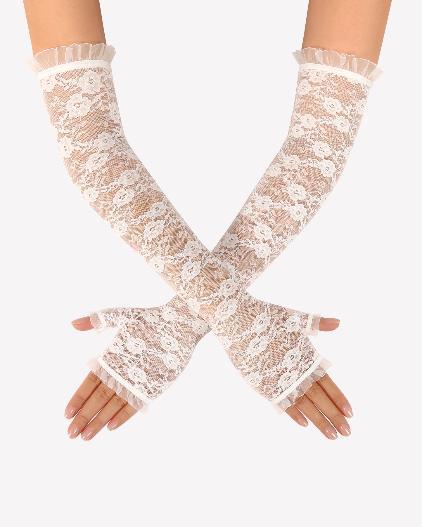 Long white lace fingerless gloves with frilled cuffs, hands crossed at wrists