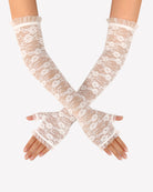 Long white lace fingerless gloves with frilled cuffs, hands crossed at wrists