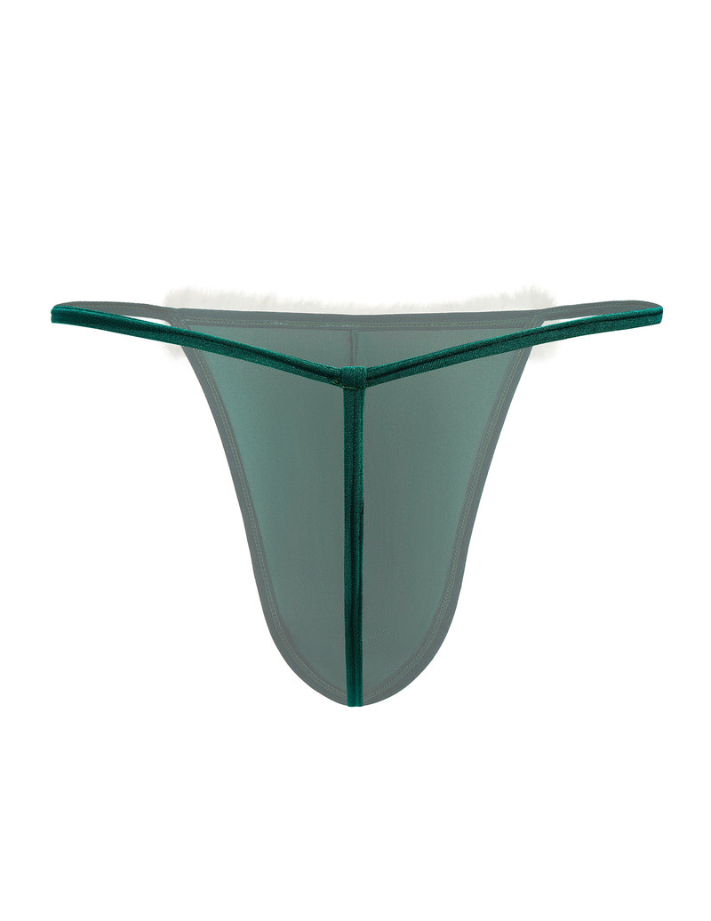 Men's velvet low-rise thong in green with white faux fur trim, back view