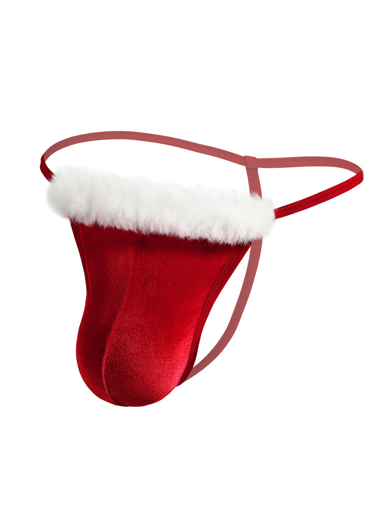 Men's velvet low-rise thong in red with white faux fur trim and thin side straps