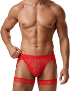 Men's red floral lace thong with T-back and wide leg strap