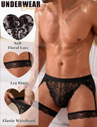 Men's black floral lace thong with leg rings and elastic waistband