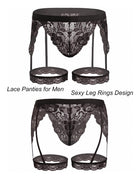 Men's black floral lace thong with garter-style leg rings and cups