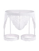 Men's white floral lace thong with garter-style leg rings