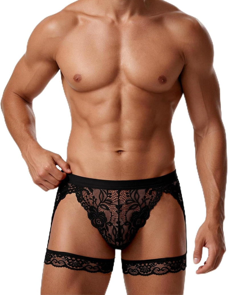 Men's black floral lace thong with T-back and wide lace leg strap