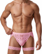 Men's pink floral lace thong with T-back and wide lace leg strap