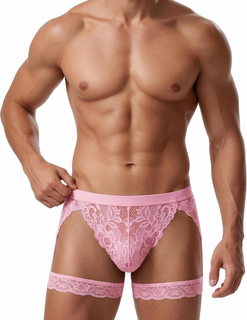 Men's pink floral lace thong with T-back and wide lace leg strap