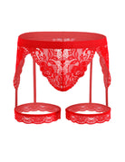 Men's red floral lace thong with garter-style leg rings and elastic top band