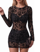 Black sheer mesh mini dress with long sleeves and black floral lace pattern