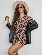 Brown and black abstract leopard long-sleeve mini dress with crew neck