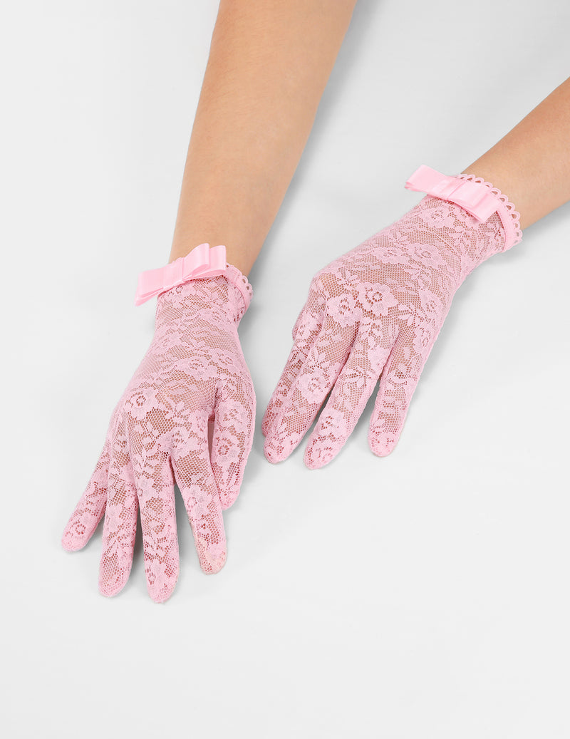 Light pink floral lace full-finger gloves with short ribbon bow cuffs