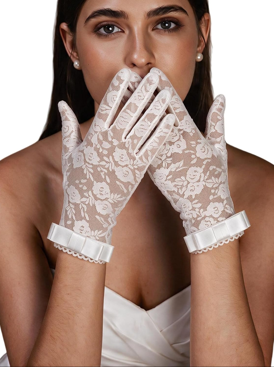 White lace short gloves with floral pattern and bow ribbon wrist cuffs