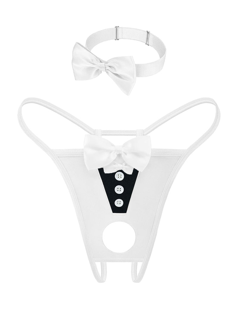 White satin bow choker and thong set with bowknot neck tie and center panel