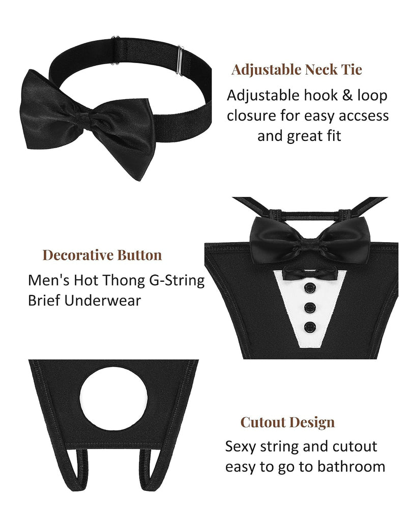 Black satin bowknot neck tie and thong with decorative buttons and circular cutout