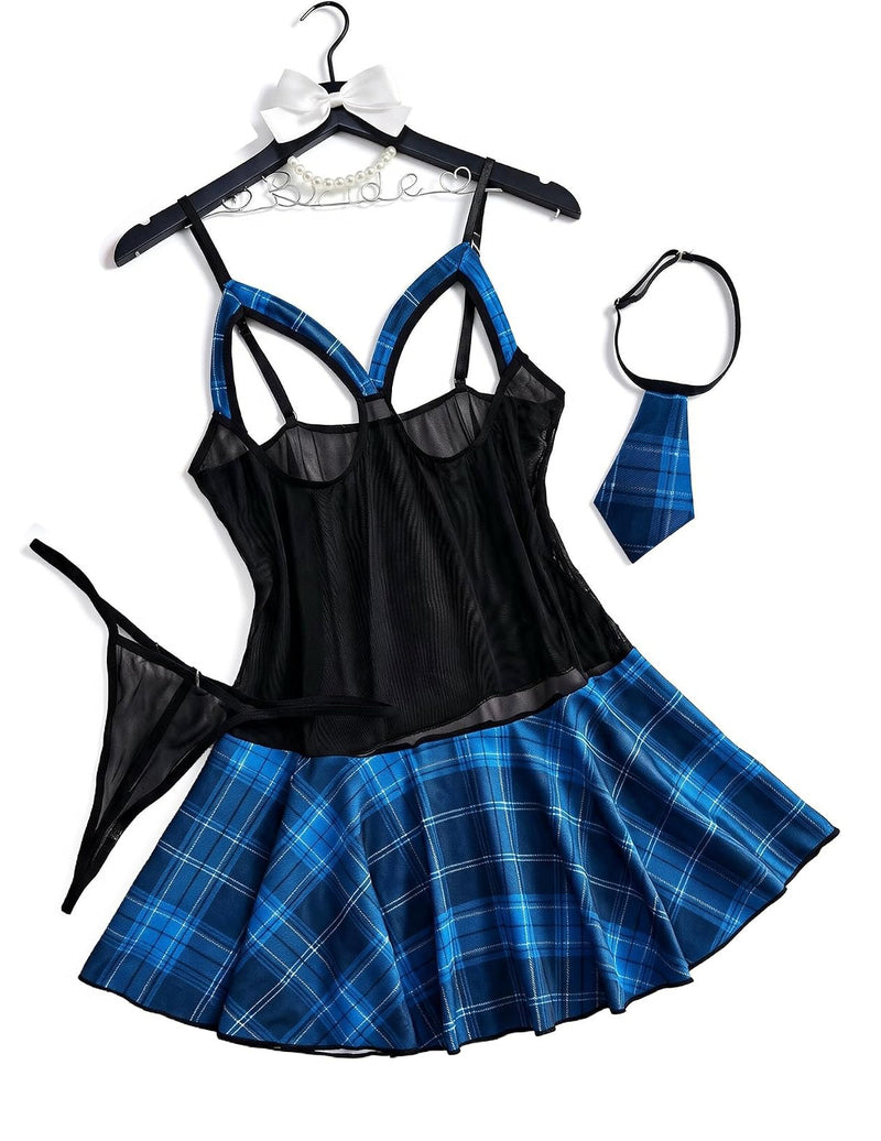 Black mesh camisole cosplay dress set with bright blue plaid skirt and tie thong
