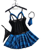 Black mesh camisole cosplay dress set with bright blue plaid skirt and tie thong