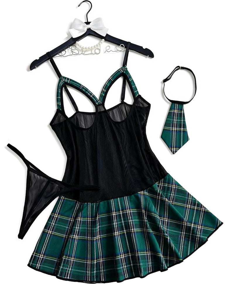 Plaid schoolgirl costume dress set with black corset-style top and green skirt, tie thong
