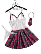 Plaid schoolgirl costume dress set with white corset-style top and magenta plaid skirt, tie thong