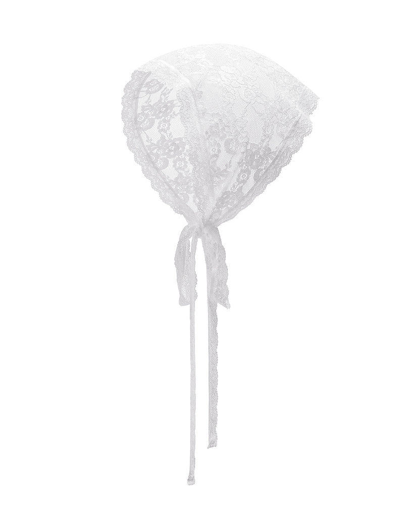 White lace triangle head scarf, sheer mesh with long ribbon tie ends.