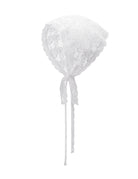 White lace triangle head scarf, sheer mesh with long ribbon tie ends.