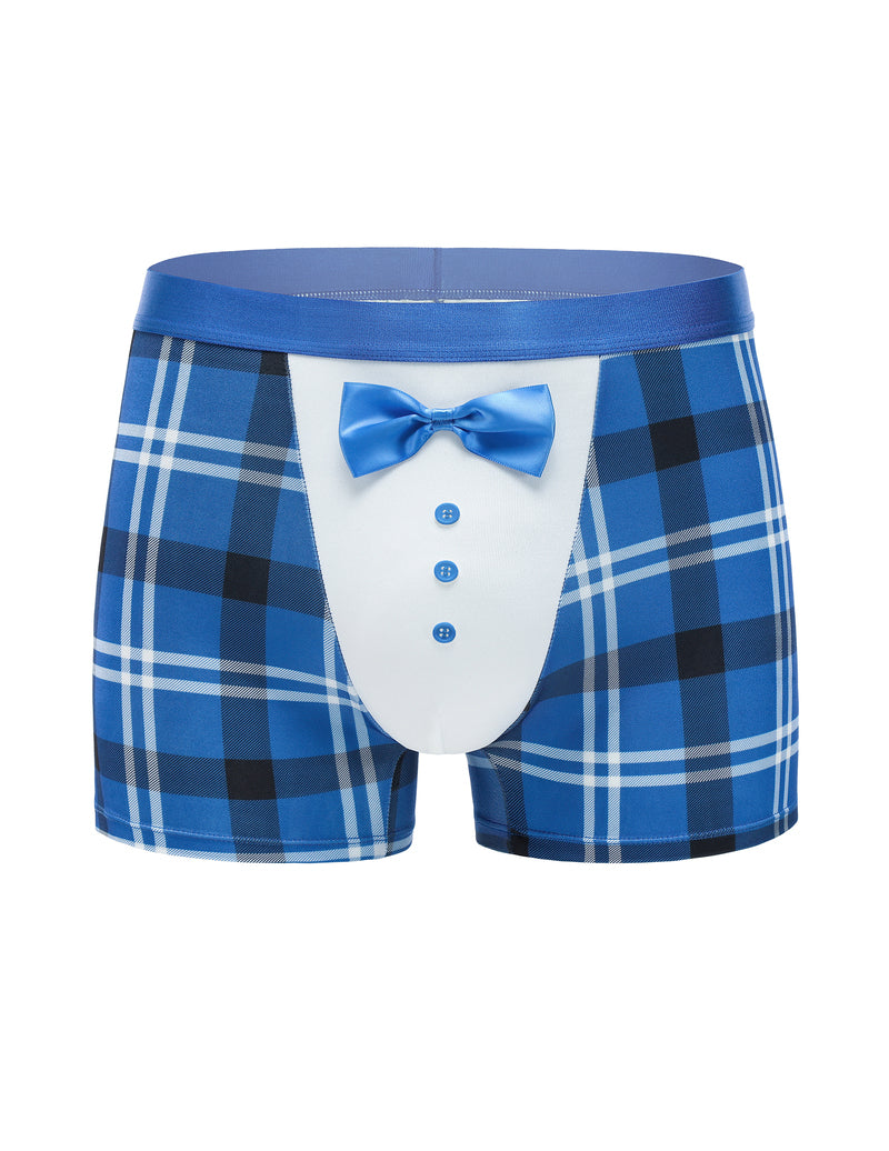 Blue plaid tuxedo boxer briefs with satin bow and white button front panel