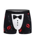 Black tuxedo boxer briefs with satin bow, white panel, and red lips graphic