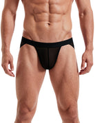 Men's sheer mesh bikini brief with contour pouch, low-rise high cut, black