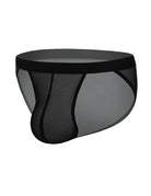 Men's sheer mesh bikini brief, side view, black with translucent front panel