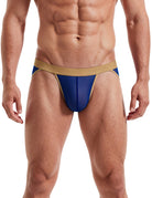 Men's sheer mesh bikini brief with contour pouch, low-rise high cut, blue with gold trim
