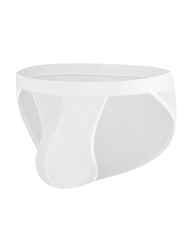 Men's white sheer mesh bikini brief with contour pouch, low rise, high cut, side view