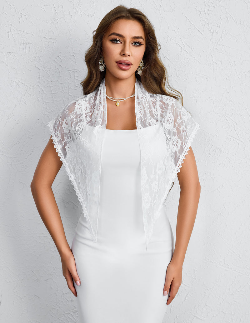 White lace chapel veil with floral pattern, scalloped trim, and draped shoulder coverage.