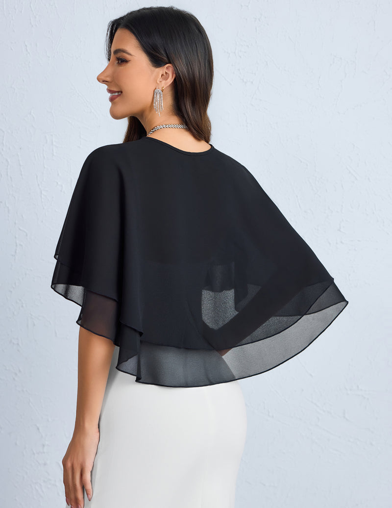Black chiffon capelet shawl with tiered ruffle layers, draped wrap.