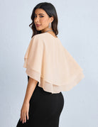 Champagne chiffon capelet shawl with tiered ruffle layers, draped wrap cover.