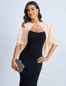 Champagne chiffon capelet shawl with layered ruffle sleeves, draped evening cover.