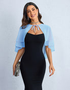 Light blue chiffon capelet shawl with tiered ruffle layers, flowy wrap cover.