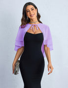 Lilac chiffon capelet shawl with tiered ruffle layers, draped wrap cover.