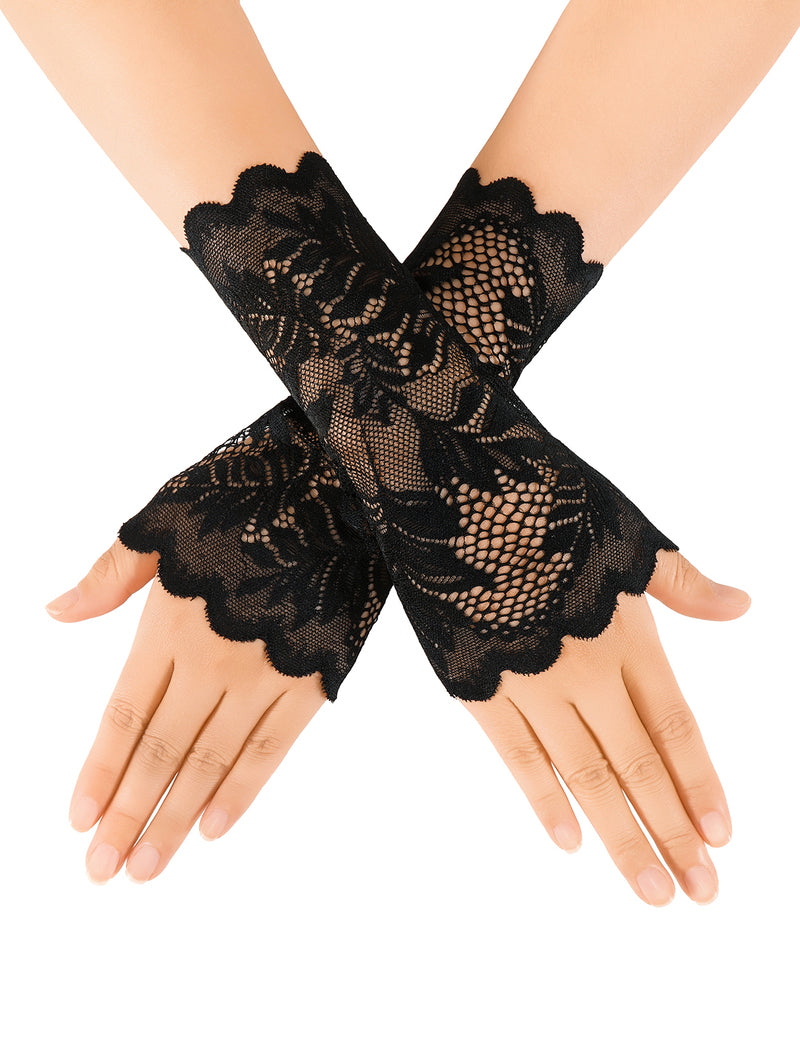 Black floral lace short gloves with scalloped edges and small pearl accents