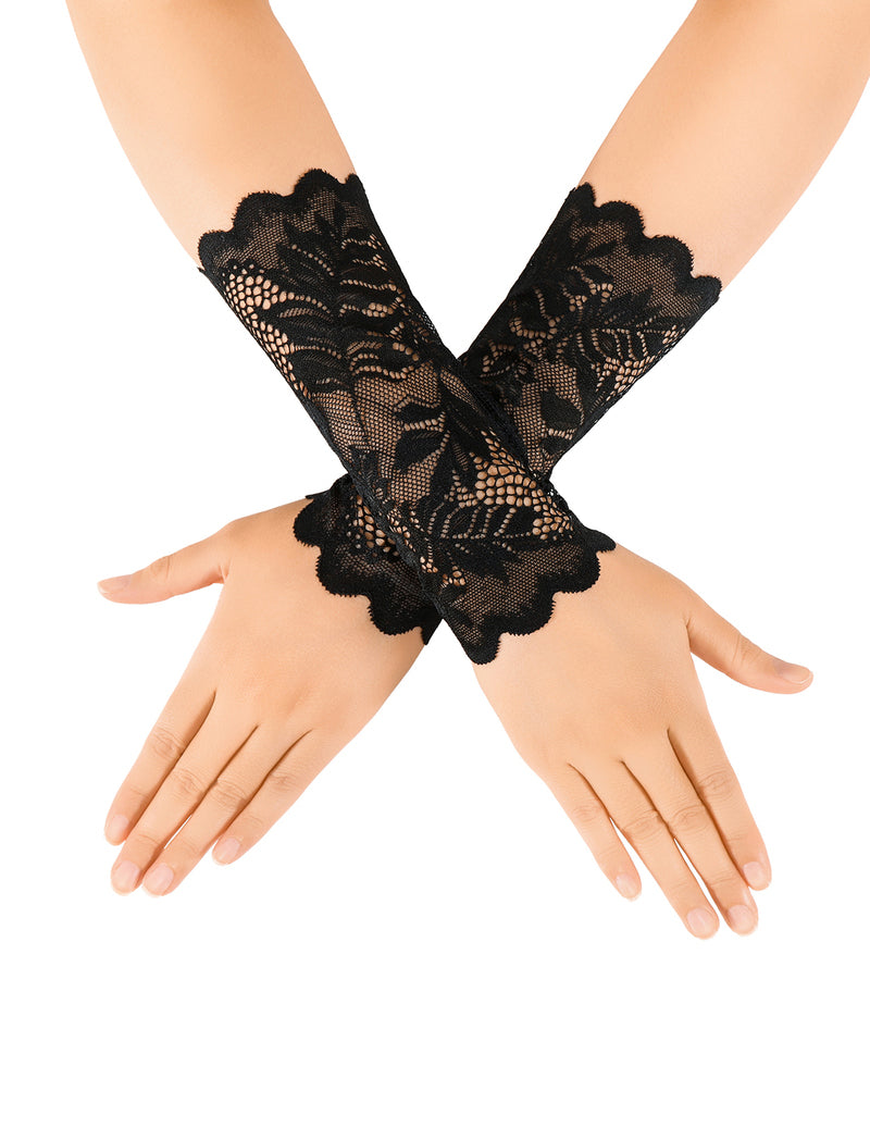Black short lace gloves with floral openwork and scalloped cuffs