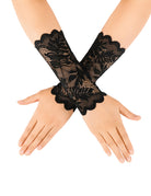 Black short lace gloves with floral openwork and scalloped cuffs