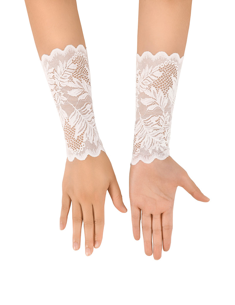 White floral lace gloves shown from front and back, with scalloped cuffs