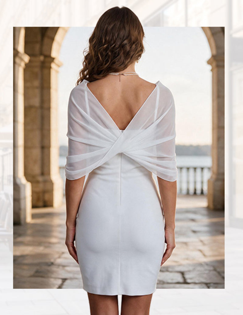 Sheer chiffon shawl wrap cape poncho, white back drape with central knot