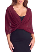 Sheer chiffon shawl wrap cape poncho, dark red draped wrap over dress