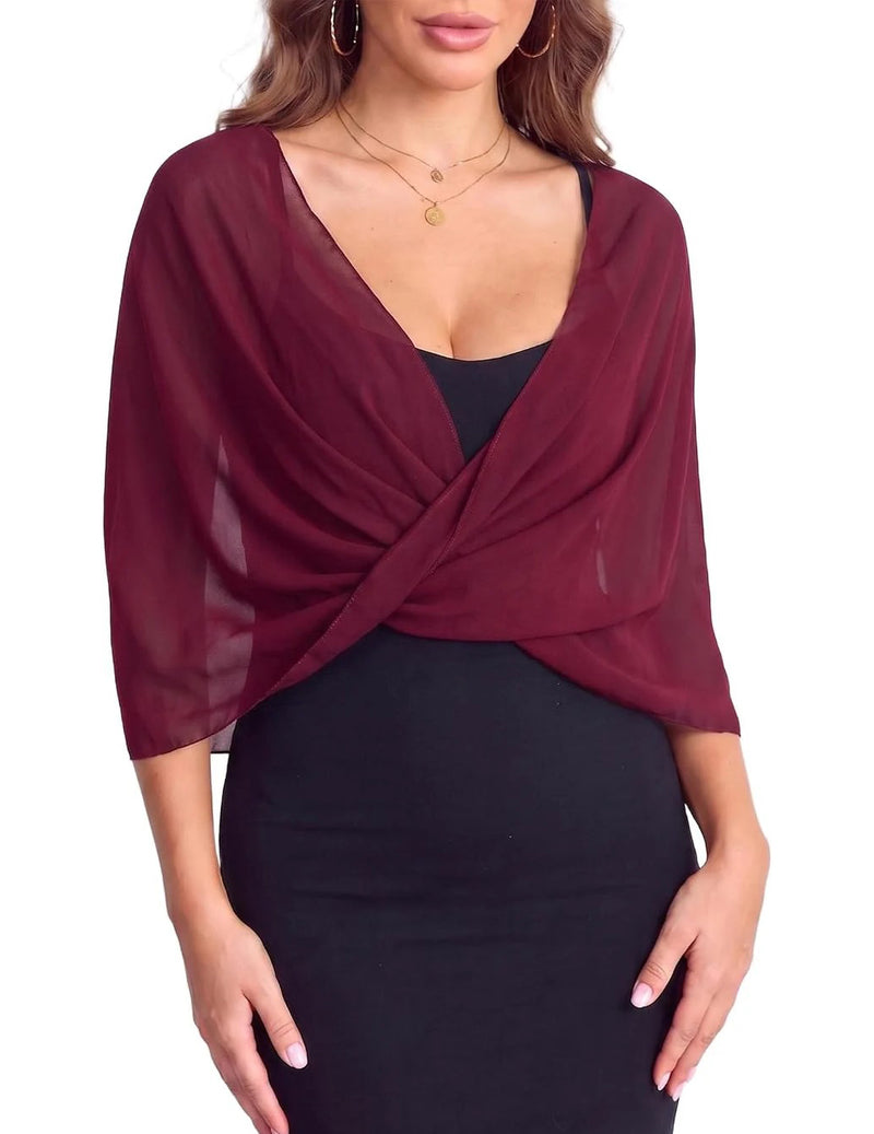 Sheer chiffon shawl wrap cape poncho, dark red draped wrap over dress