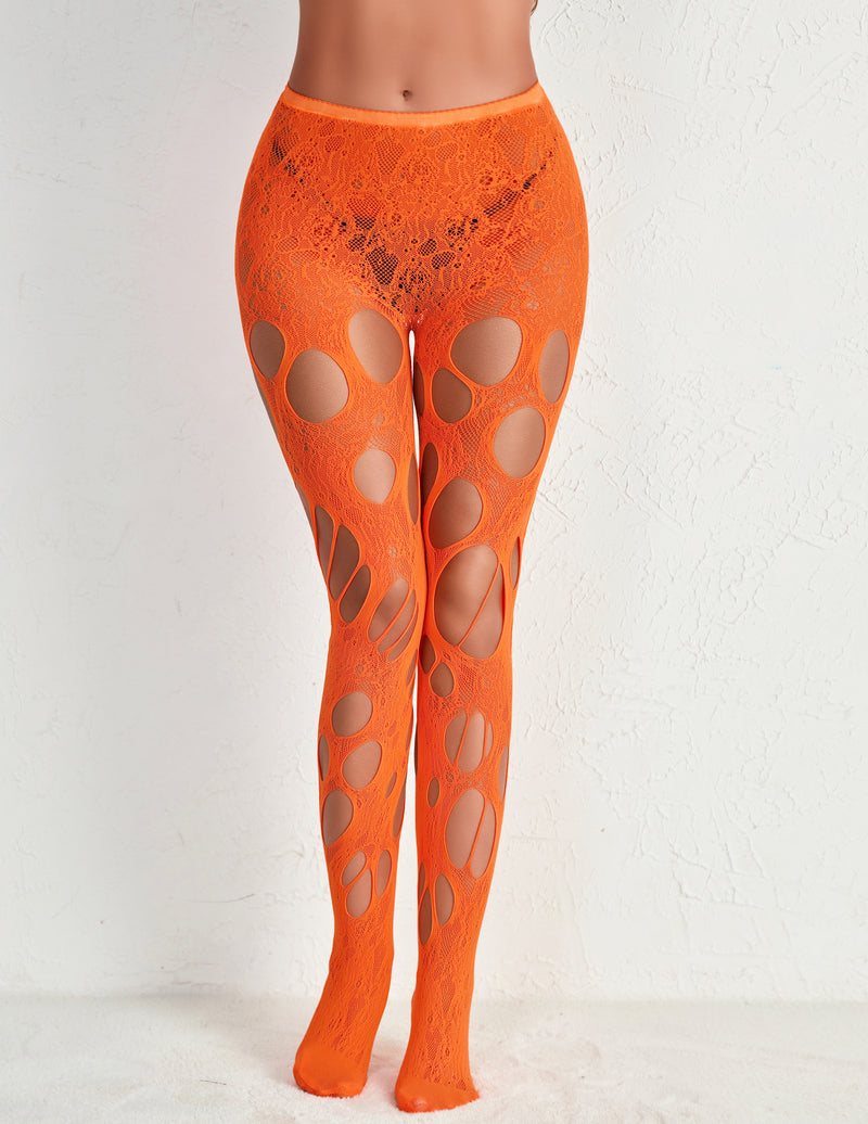 Orange high-waisted lace fishnet tights with large cutouts, front view