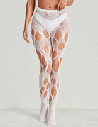 White high-waisted lace fishnet tights with large cutouts, front view